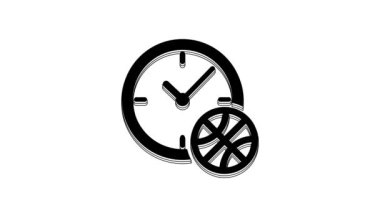 Black Clock with basketball ball inside icon isolated on white background. Basketball time. Sport and training. 4K Video motion graphic animation.