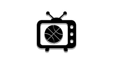 Televizyon programındaki siyah basketbol maçı simgesi beyaz arkaplanda izole edildi. 4K Video hareketli grafik canlandırması.