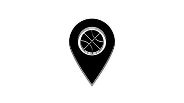 Black Location with basketball ball inside icon isolated on white background. 4K Video motion graphic animation.
