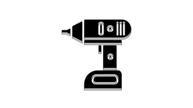Black Electric cordless screwdriver icon isolated on white background. Electric drill machine. Repair tool. 4K Video motion graphic animation.