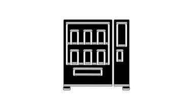 Siyah yiyecek ve içecek otomatiği beyaz arka planda izole edilmiş ikon satıyor. 4K Video hareketli grafik canlandırması.