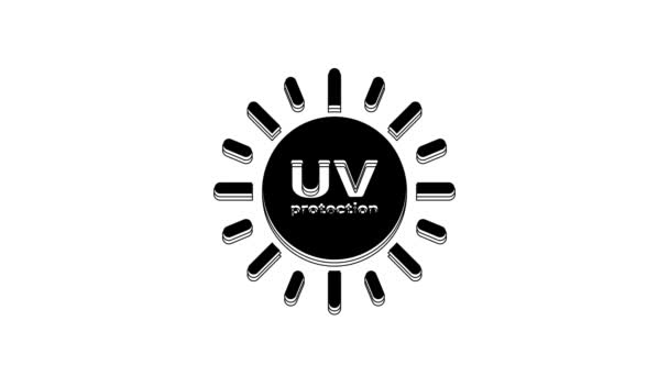 白の背景に隔離された黒のUv保護アイコン 紫外線放射線 Spfの太陽サイン 4Kビデオモーショングラフィックアニメーション — ストック動画
