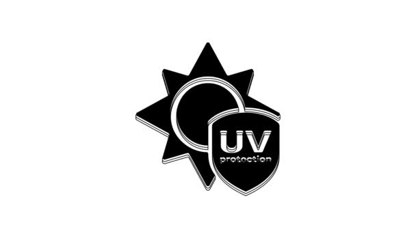 白の背景に隔離された黒のUv保護アイコン 太陽と盾 紫外線放射線 Spfの太陽サイン 4Kビデオモーショングラフィックアニメーション — ストック動画