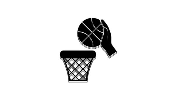 Zwarte Hand Met Basketbal Bal Mand Pictogram Geïsoleerd Witte Achtergrond — Stockvideo