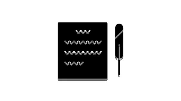黑色羽毛笔和纸滚动图标隔离在白色背景 4K视频运动图形动画 — 图库视频影像