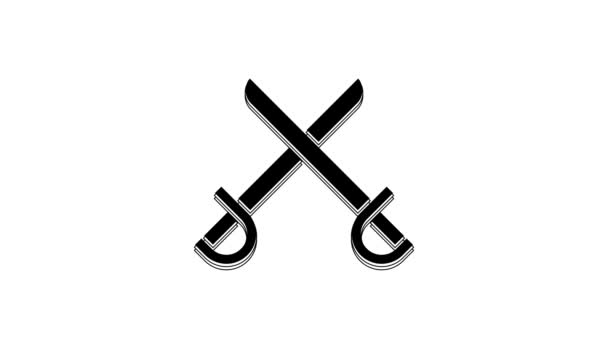 黒の十字の海賊の剣のアイコンは 白い背景に隔離された サブルのサインだ 4Kビデオモーショングラフィックアニメーション — ストック動画