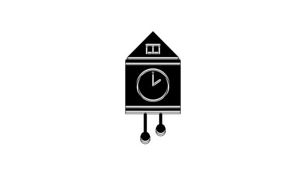 白の背景に隔離されたブラックレトロな壁の時計アイコン カッコウ クロック サイン アンティーク振り子時計 4Kビデオモーショングラフィックアニメーション — ストック動画