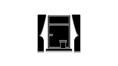 Black Window with curtains in the room icon isolated on white background. 4K Video motion graphic animation.
