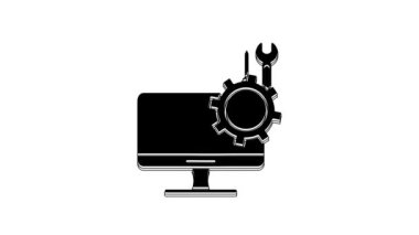 Black Computer monitor with screwdriver and wrench icon isolated on white background. Adjusting, service, setting, maintenance, repair. 4K Video motion graphic animation.