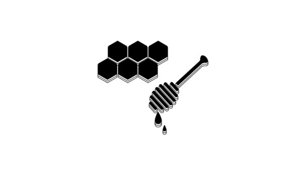 Black Honeycomb Honey Dipper Stick Icon Isolated White Background Honey — Stockvideo