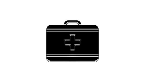 黒の応急処置キットのアイコンは 白の背景に隔離された クロス付きの医療箱 救急医療機器 医療の概念 4Kビデオモーショングラフィックアニメーション — ストック動画