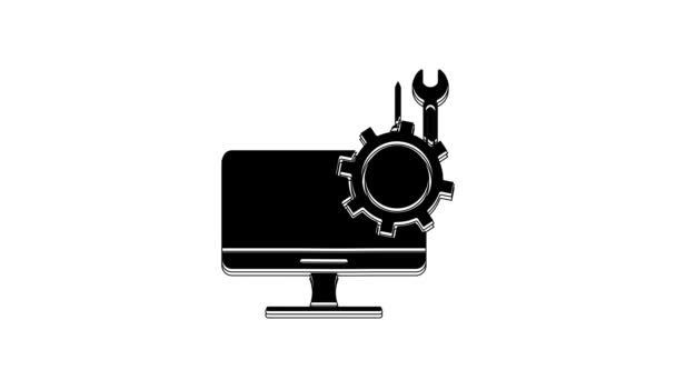 ドライバとレンチアイコンが白の背景に隔離されたブラックコンピュータモニター サービス メンテナンス 4Kビデオモーショングラフィックアニメーション — ストック動画