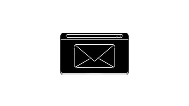 黒メールと白の背景に隔離された電子メールのアイコン 記号メールを封筒に入れます メールメッセージのサイン 4Kビデオモーショングラフィックアニメーション — ストック動画