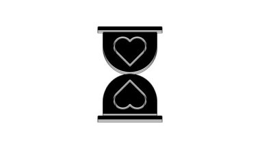 Merkezde siyah kalp, beyaz arka planda izole edilmiş eski kum saati simgesi. Sevgililer Günü. 4K Video hareketli grafik canlandırması.