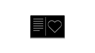 Beyaz arka planda kalp ikonu olan siyah sevgililer günü broşürü. Kutlama için davetiye ya da tebrik kartı şablonu. 4K Video hareketli grafik canlandırması.