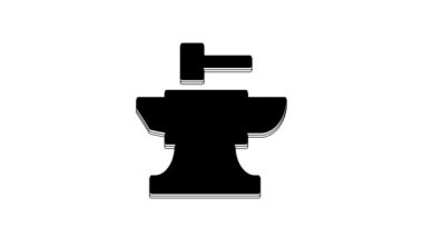 Black Anvil for blacksmithing and hammer icon isolated on white background. Metal forging. Forge tool. 4K Video motion graphic animation.