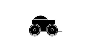 Beyaz arka planda saman ikonu olan dört tekerlekli siyah ahşap bir araba. 4K Video hareketli grafik canlandırması.