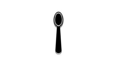 Siyah tek kullanımlık plastik kaşık simgesi beyaz arkaplanda izole edilmiş. 4K Video hareketli grafik canlandırması.