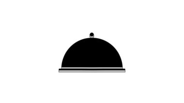 Beyaz arka planda izole edilmiş bir tepsi yiyecek ikonu ile kaplanmış. Tepsi ve kapak. Kapaklı bir restoran saati. Mutfak eşyaları sembolü. 4K Video hareketli grafik canlandırması.