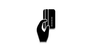 Beyaz arka planda izole edilmiş kredi kartı ikonu olan siyah insan eli. Çevrimiçi ödeme. Kartla öde. Finansal operasyonlar. 4K Video hareketli grafik canlandırması.