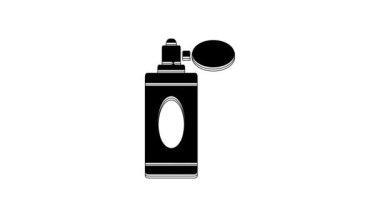 Beyaz arka planda izole edilmiş siyah tıraş losyonu şişesi. Parfüm spreyi ikonu. Erkek parfüm şişesi. 4K Video hareketli grafik canlandırması.