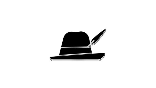 Black Oktoberfest Hat Icon Isolated White Background Hunter Hat Feather — Stock Video