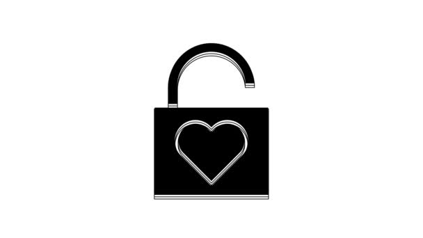 白い背景に黒のロックとハートのアイコンが分離されています 心をロックした 愛のシンボルと鍵穴の標識 バレンタインデーのシンボル 4Kビデオモーショングラフィックアニメーション — ストック動画