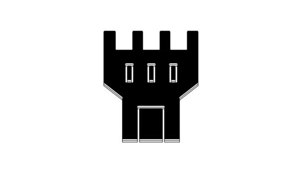 黒の城の塔のアイコンは 白い背景に隔離された 要塞の標識だ 4Kビデオモーショングラフィックアニメーション — ストック動画