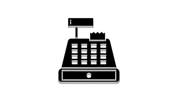 黑色收银机 具有独立于白色背景的检查图标 出纳员签名Cashbox符号 4K视频运动图形动画 — 图库视频影像