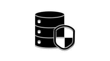 Black Server with shield icon isolated on white background. Protection against attacks. Network firewall, router, switch, data. 4K Video motion graphic animation.