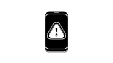 Beyaz zemin üzerinde ünlem işareti simgesi olan siyah cep telefonu. Uyarı mesajı akıllı telefon uyarısı. 4K Video hareketli grafik canlandırması.