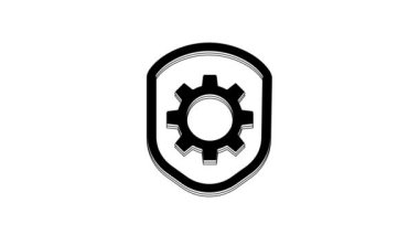 Black Shield with settings gear icon isolated on white background. Adjusting, service, maintenance, repair, fixing. 4K Video motion graphic animation.