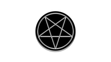 Beyaz arkaplanda izole edilmiş bir daire simgesinde siyah pentagram. Sihirli okült yıldız sembolü. 4K Video hareketli grafik canlandırması.