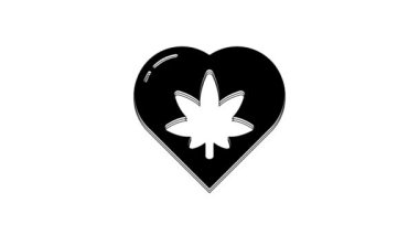 Kalp şeklindeki siyah marihuana yaprağı beyaz arka planda izole edilmiş. Kenevir sembolü. 4K Video hareketli grafik canlandırması.