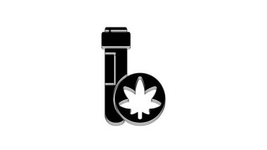 Beyaz arka planda marihuana ya da kenevir yaprağı ikonu bulunan siyah kimyasal test tüpü. Araştırma konsepti. Laboratuvar CBD yağı. 4K Video hareketli grafik canlandırması.