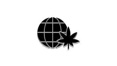 Black Legalize marijuana or cannabis globe symbol icon isolated on white background. Hemp symbol. 4K Video motion graphic animation.