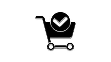 Black Shopping cart with check mark icon isolated on white background. Supermarket basket with approved, confirm, tick, completed. 4K Video motion graphic animation.