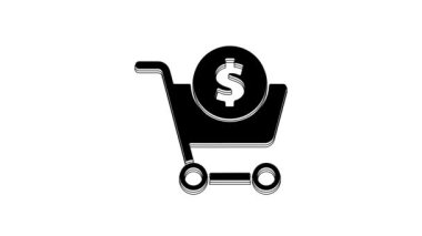 Black Shopping cart and dollar symbol icon isolated on white background. Online buying concept. Delivery service. Supermarket basket. 4K Video motion graphic animation.