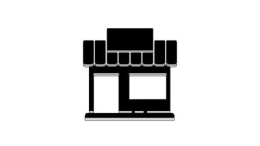 Siyah Alışveriş binası ya da market simgesi beyaz arka planda izole edilmiş. Dükkan inşaatı. 4K Video hareketli grafik canlandırması.