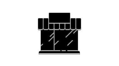 Siyah Alışveriş binası ya da market simgesi beyaz arka planda izole edilmiş. Dükkan inşaatı. 4K Video hareketli grafik canlandırması.
