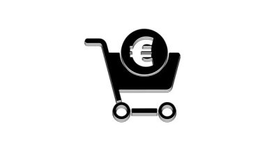 Black Shopping cart and euro symbol icon isolated on white background. Online buying concept. Delivery service. Shopping cart. 4K Video motion graphic animation.