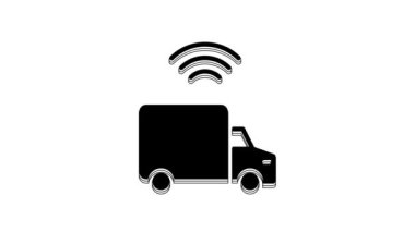 Black Smart delivery cargo truck vehicle with wireless connection icon isolated on white background. 4K Video motion graphic animation.