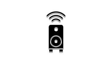 Black Smart stereo speaker system icon isolated on white background. Sound system speakers. Internet of things concept with wireless connection. 4K Video motion graphic animation.