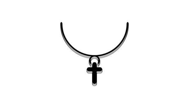 在白色背景上孤立的黑色基督徒交叉在链条图标上 教堂十字架 4K视频运动图形动画 — 图库视频影像