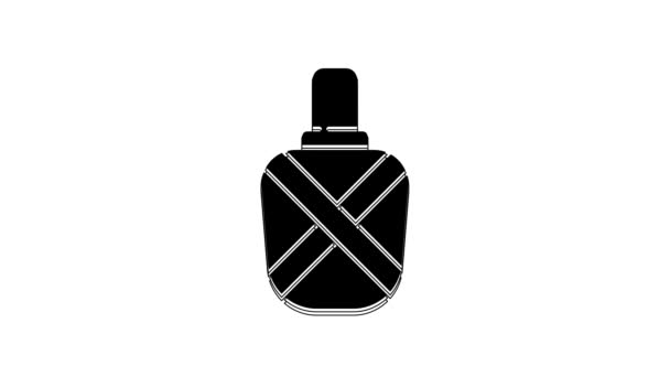 白の背景に隔離された黒のカノテンウォーターボトルアイコン 観光フラスコのアイコン キャンペーンで水の使用のジャー 4Kビデオモーショングラフィックアニメーション — ストック動画