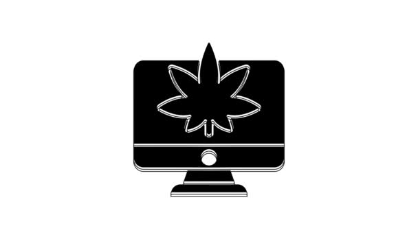 Black Computer Monitor Marijuana Medica Icona Foglia Cannabis Isolato Sfondo — Video Stock