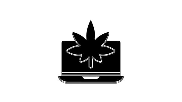 Laptop Preto Maconha Medicinal Ícone Folha Cannabis Isolado Fundo Branco — Vídeo de Stock
