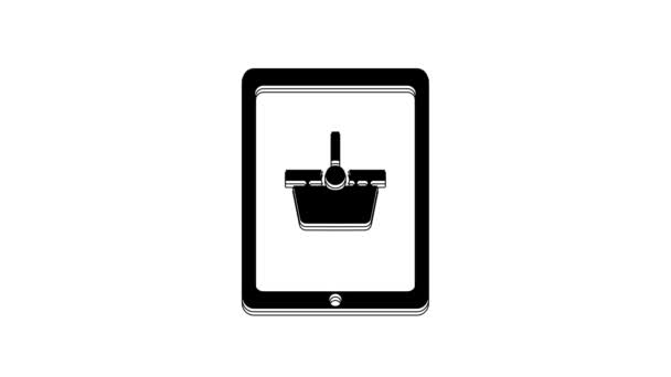 Schwarzer Warenkorb Auf Dem Bildschirm Tablet Symbol Isoliert Auf Weißem — Stockvideo