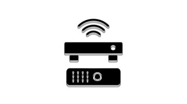 Black Wireless multimedia and TV box receiver and player with remote controller icon isolated on white background. 4K Video motion graphic animation.