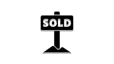 Beyaz arkaplanda izole edilmiş metin simgesi satılan Siyah Asma işareti. Çıkartma satıldı. Tabela satıldı. 4K Video hareketli grafik canlandırması.